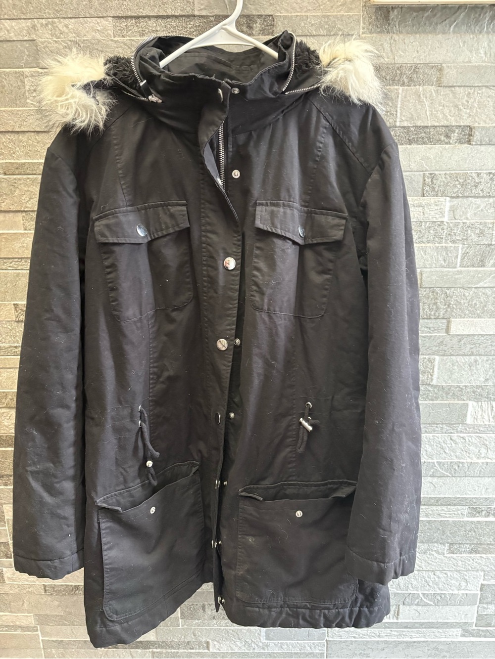 New York & Company Black Hooded Puffer Coat with Faux Fur Trim